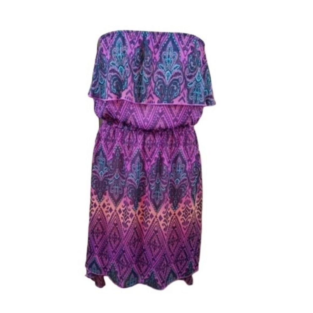 maurices dress strapless sheer paisley pink orange hi low empire S womens